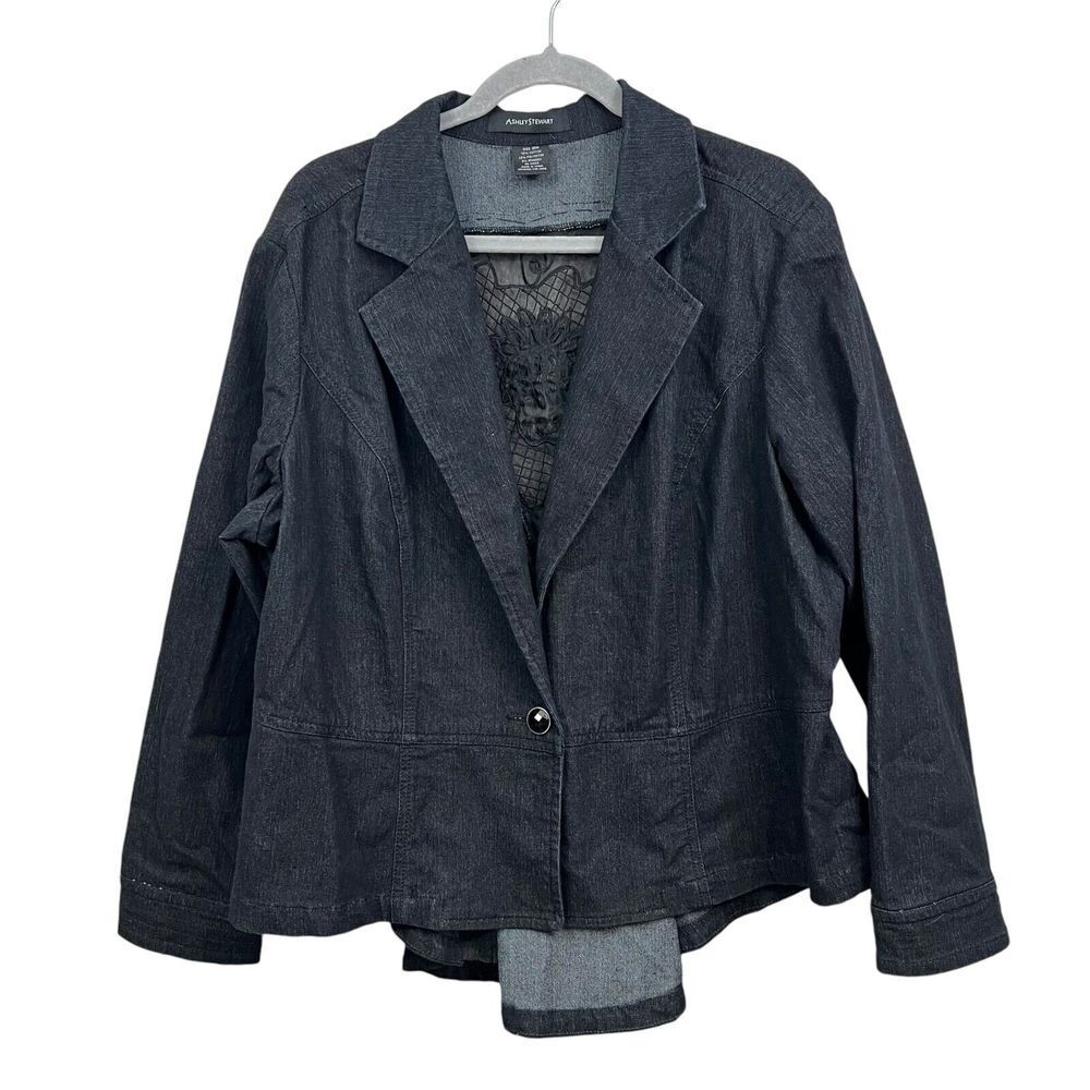 Ashley Stewart Women Denim Jacket Collared Lace Beaded Ruffled Hi Low Hem 18W*